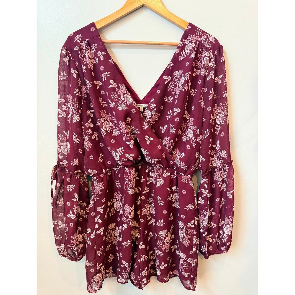 Charlotte Russe Burgundy Floral Long Sleeve Romper V-Neck Large L